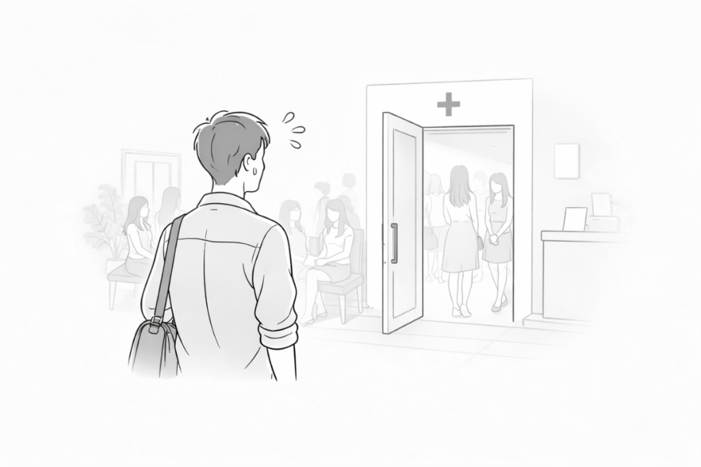 40代男性が初めて脱毛カウンセリングに行くときの緊張感を表したシンプルなイラスト