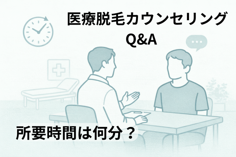 医療脱毛の無料カウンセリングの所要時間や流れを解説する、40代男性向けのシンプルなQ&A風アイキャッチイラスト