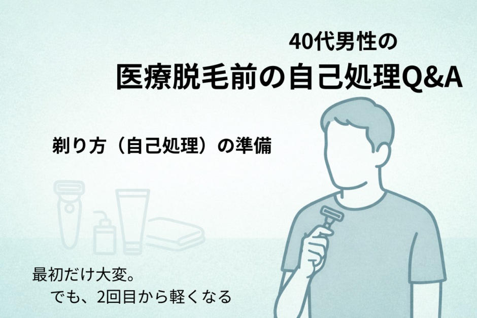医療脱毛前の自己処理（剃り方）を準備する40代男性を描いたシンプルなイラスト