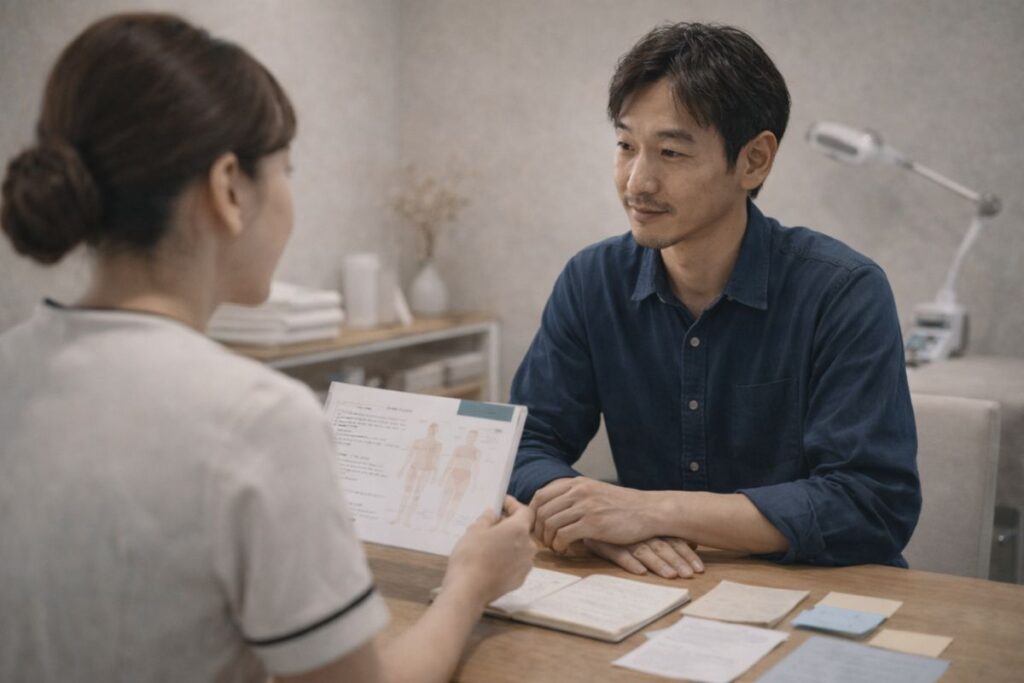 40代男性が医療脱毛のカウンセリングでスタッフと落ち着いて話をしている場面