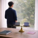 医療脱毛の選択肢を前に、価格ではなく納得感で判断しようと考えている40代男性の後ろ姿