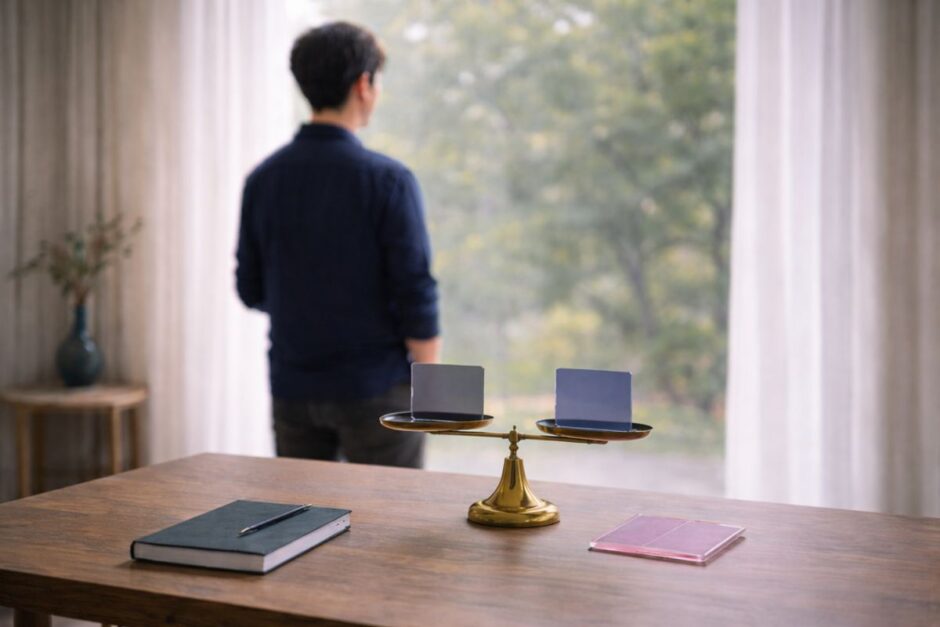 医療脱毛の選択肢を前に、価格ではなく納得感で判断しようと考えている40代男性の後ろ姿