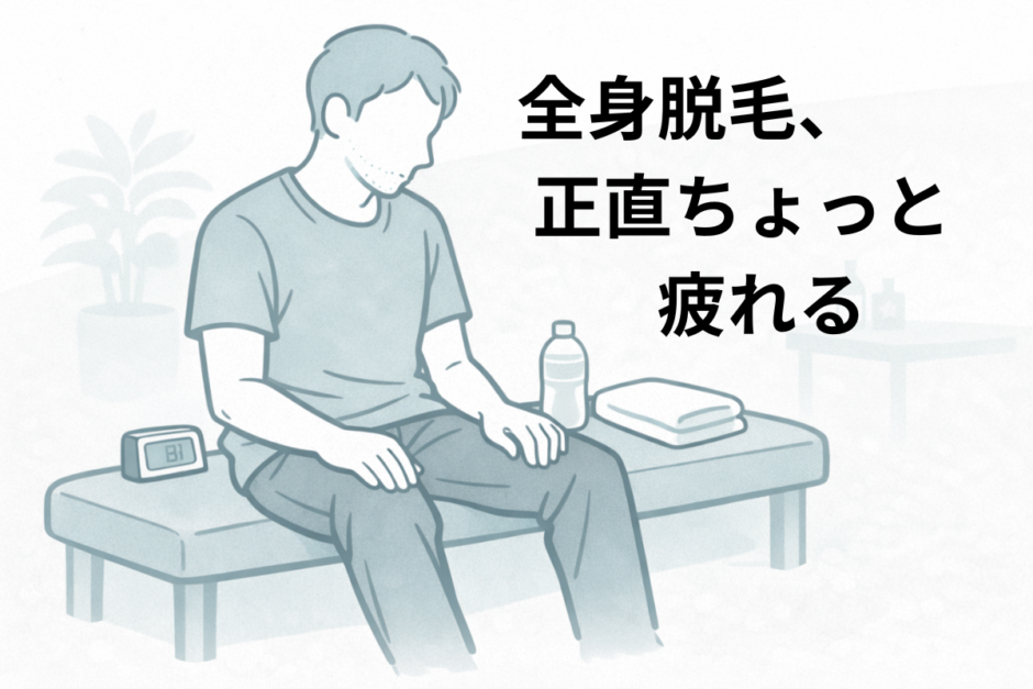 全身医療脱毛を受けた40代男性が、施術後に少し疲れを感じて休んでいる様子のイメージイラスト