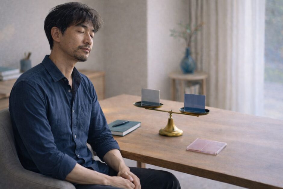 天秤の前で目を閉じ、静かに判断を整理している40代男性の様子