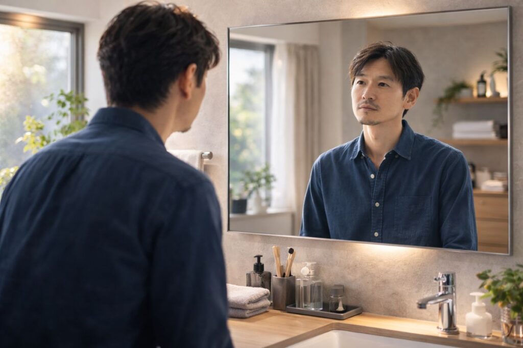 40代男性が鏡の前で将来を見据えながら静かに自分を見つめている様子