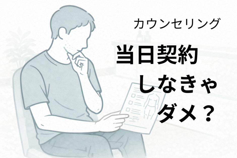 医療脱毛のカウンセリングで当日契約をするか考えている40代男性のイラスト