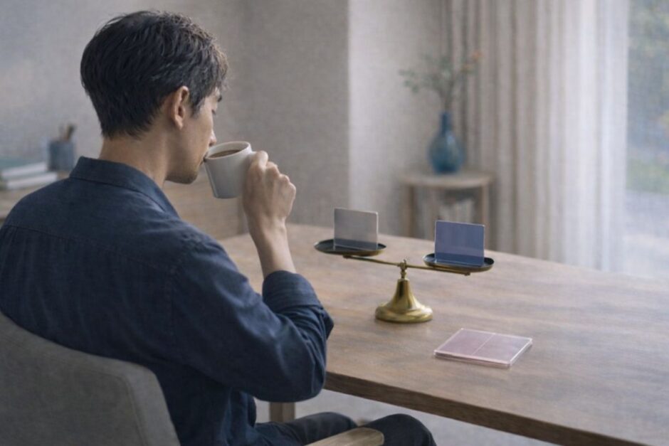 医療脱毛を急がず、自分のタイミングで判断する40代男性が、天秤を前にコーヒーを飲みながら落ち着いて考えている様子