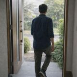 医療脱毛の初回施術を前に、室内から外へ出る40代男性の後ろ姿。不安が想像から現実に変わる瞬間を表したイメージ。