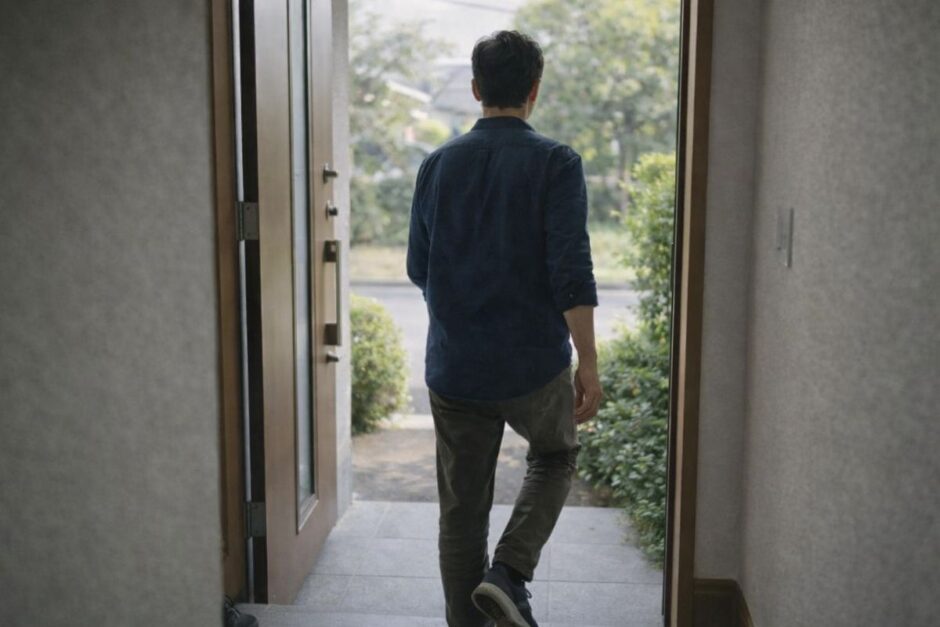 医療脱毛の初回施術を前に、室内から外へ出る40代男性の後ろ姿。不安が想像から現実に変わる瞬間を表したイメージ。