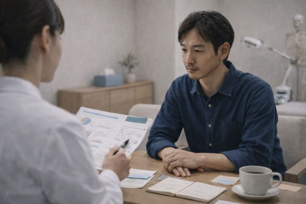 医療脱毛のカウンセリングで説明を受け、判断が現実的に動いた40代男性の様子