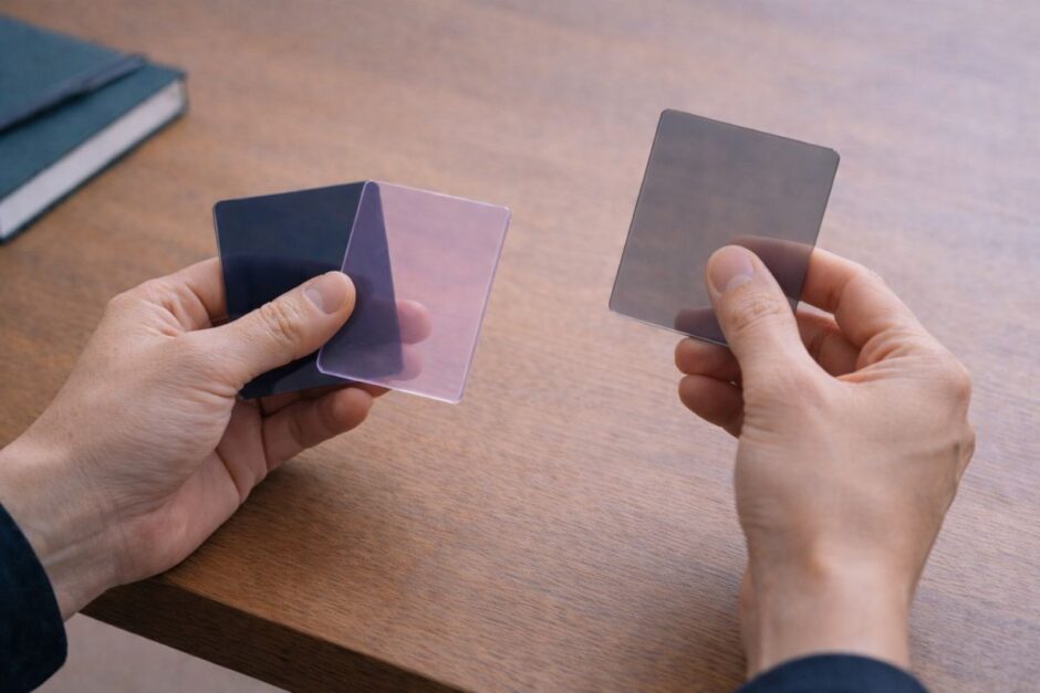 左手にピンクとネイビーのプレート、右手に黒のプレートを持ち、選択肢を前に判断を考える男性の手元