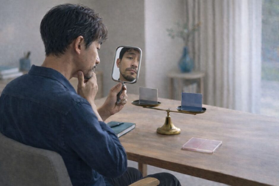 天秤の前で手鏡を使い、ヒゲの白髪を確認する40代男性の様子