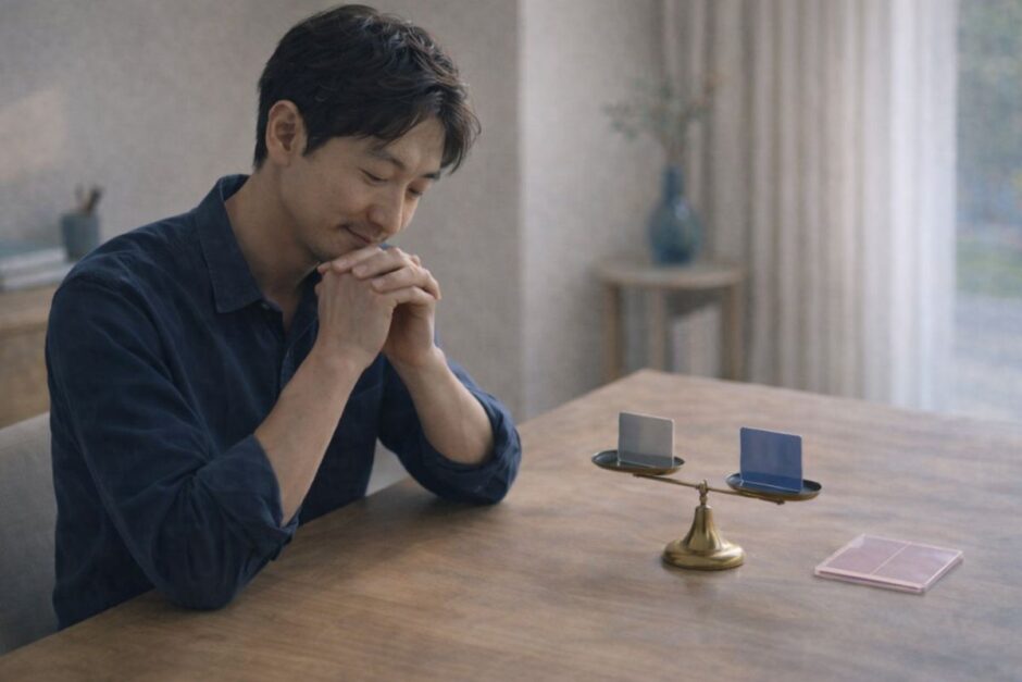 医療脱毛を比較して納得し、天秤を眺めながら判断を終えた40代男性の落ち着いた表情