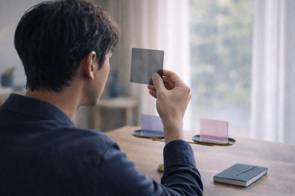 医療脱毛で何を優先するか考えながら、複数の選択肢を手に取って判断している40代男性の様子