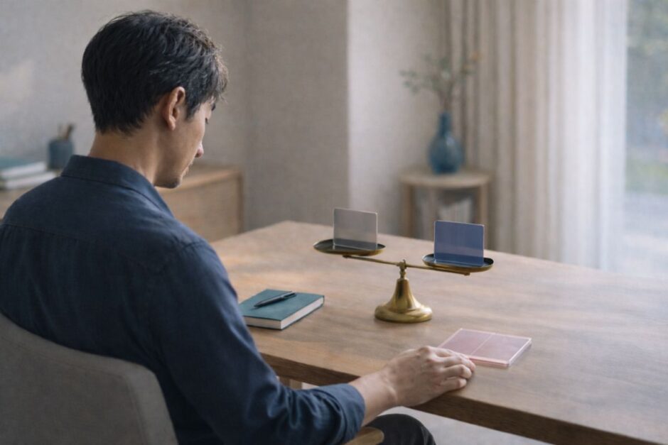 40代男性が医療脱毛クリニックを比較しながら判断しているイメージ