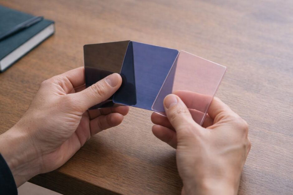 3枚のプレートを手に持ち、医療脱毛の選択肢を前に判断を考える40代男性の手元