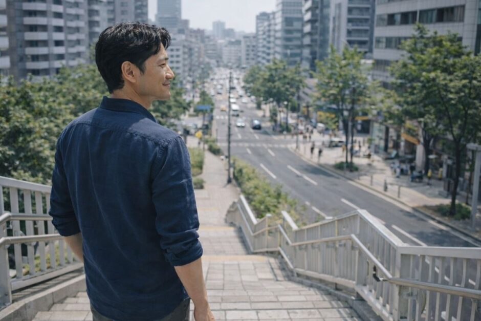 階段を登りきり街を見下ろす40代男性のイメージ（VIO脱毛の変化を理解した状態）