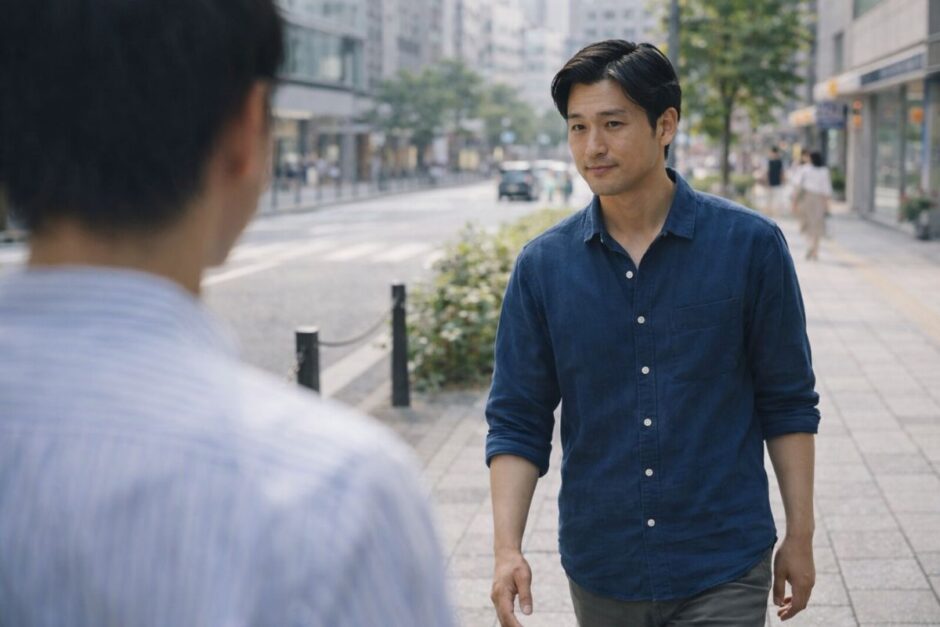 街中ですれ違う人を少し意識する40代男性の様子