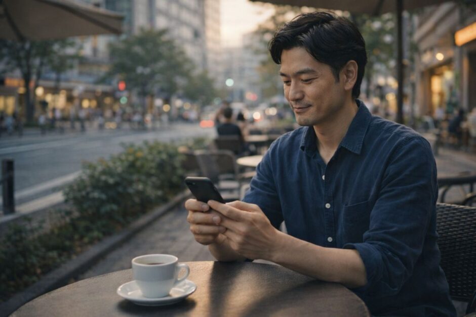 VIO脱毛の効果や減り方を確認して落ち着いている40代男性のイメージ