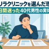 3つのクリニックの資料を机に並べて考える40代男性のイラスト