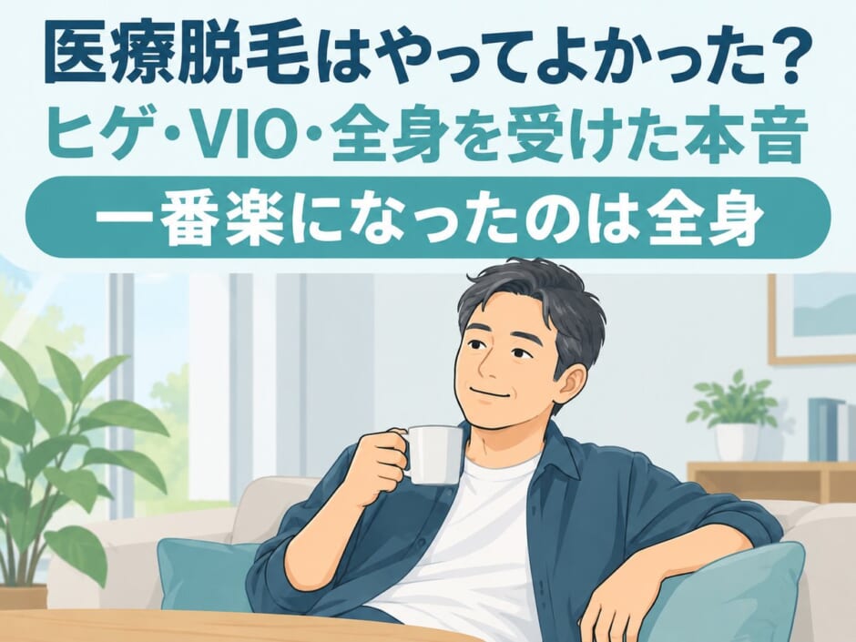 医療脱毛をやってよかったと感じている40代男性が自宅でくつろぐイラスト
