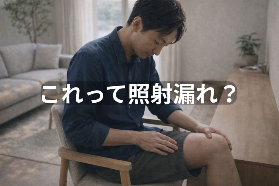 室内で自分の脚を見て脱毛後のムラや違和感に気づく40代男性のイメージ