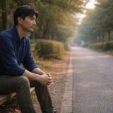 医療脱毛を続ける途中で、ベンチに腰を下ろして判断を整理する40代男性のイメージ