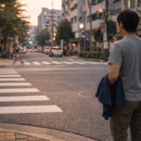 医療脱毛クリニック選びで迷い、交差点で決断する40代男性のイメージ