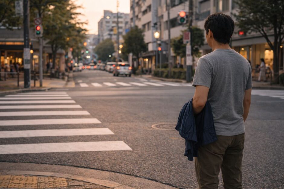 医療脱毛クリニック選びで迷い、交差点で決断する40代男性のイメージ