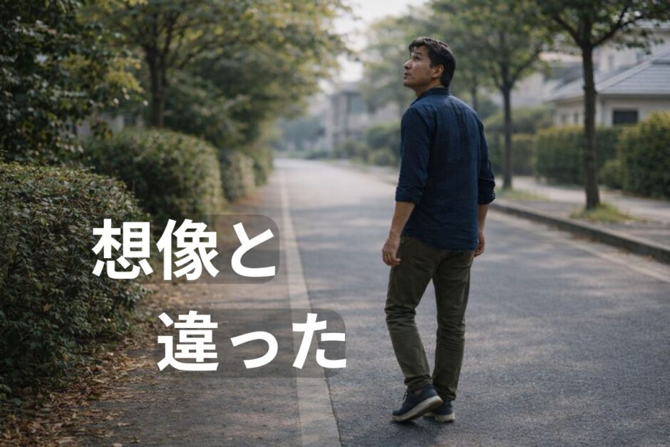 屋外の道を歩いていた男性が、途中で違和感に気づき少し立ち止まって見上げる様子