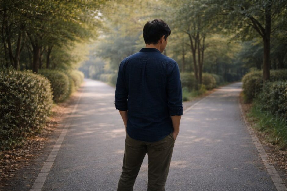 医療脱毛を続ける中で、判断を整理するためにY字路で立ち止まる40代男性の後ろ姿