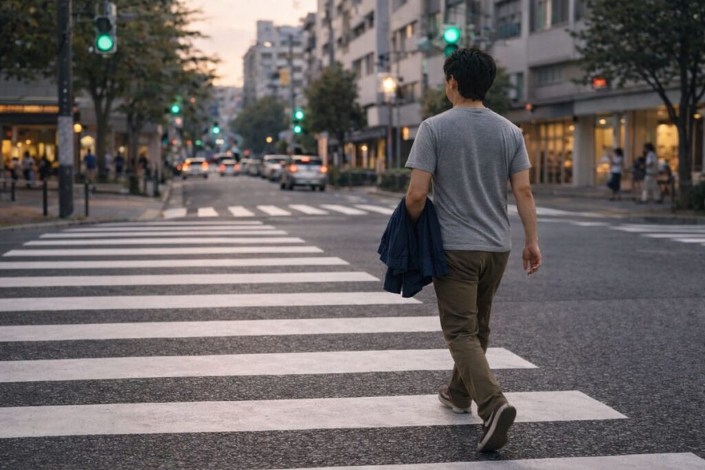 医療脱毛クリニック選びで決断し横断歩道を渡り始める男性のイメージ