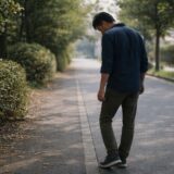 医療脱毛を続ける中で、立ち止まりながら経過を確認する40代男性の後ろ姿