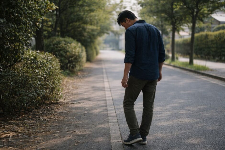 医療脱毛を続ける中で、立ち止まりながら経過を確認する40代男性の後ろ姿