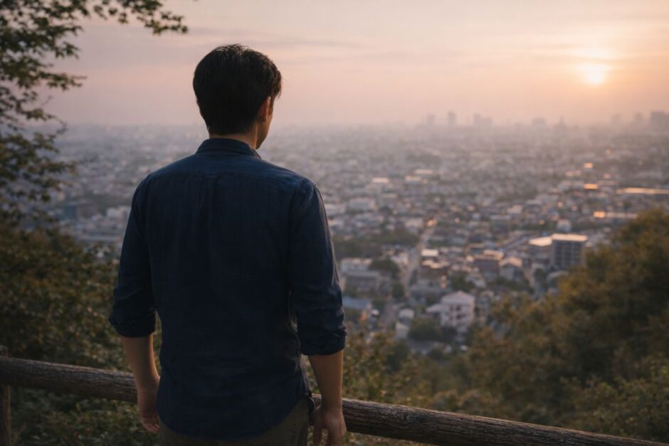 医療脱毛をやってよかったと感じた40代男性が街を見下ろしているイメージ