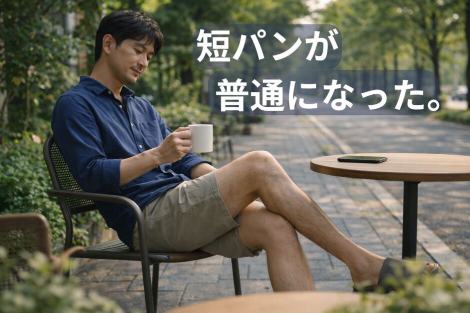 カフェで短パン姿でリラックスする40代男性の脚。全身脱毛により毛が薄く整い、清潔感のある状態