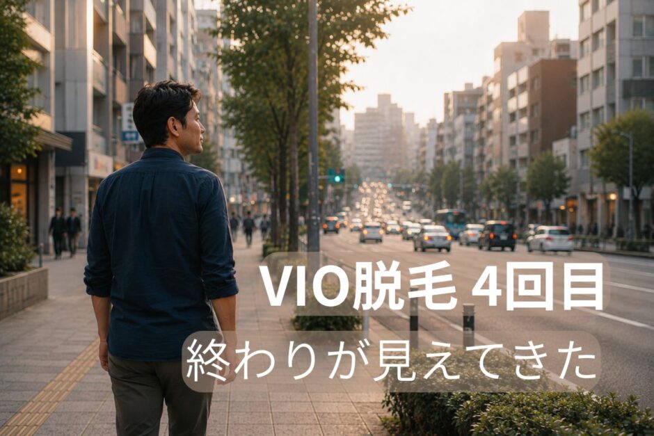VIO脱毛4回目で終わりが見えてきたイメージの40代日本人男性が街のゆるやかな下り坂を落ち着いて歩き、先を見ている様子