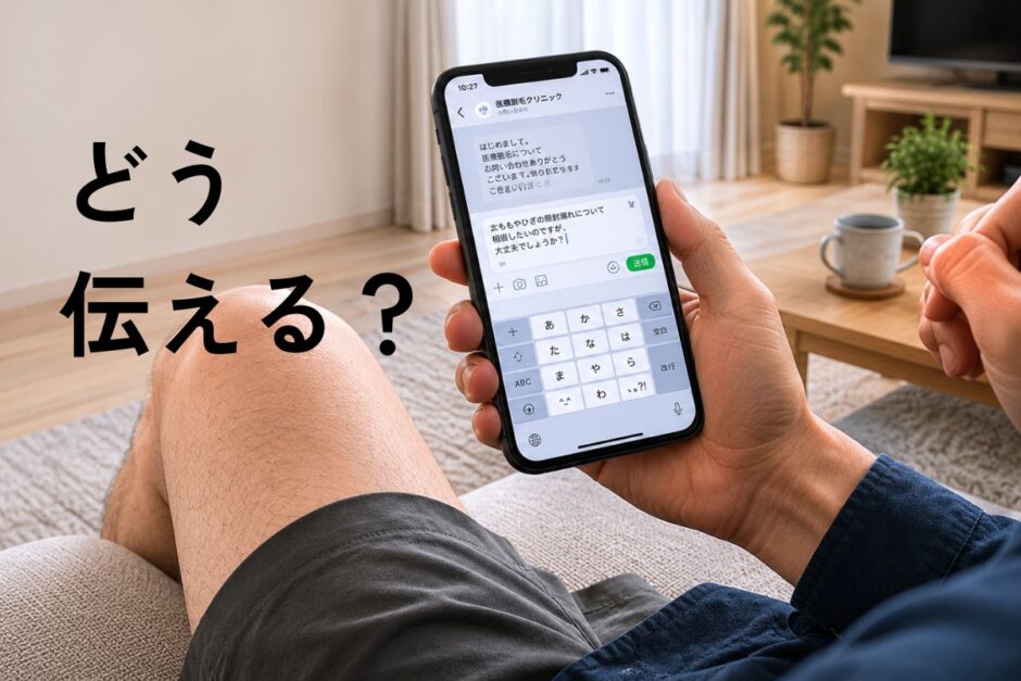 医療脱毛後の照射漏れについて、クリニックへの問い合わせメッセージを送る前に迷う40代男性のイメージ