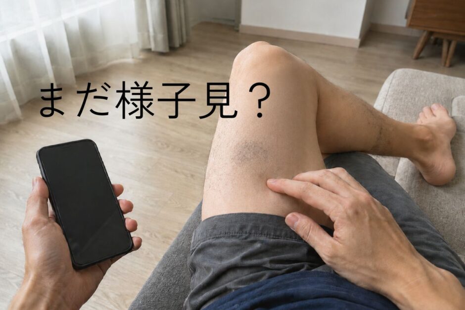 医療脱毛後、自宅でスマートフォンを見ながら自分の脚の毛の残り方に違和感を感じる40代男性のイメージ