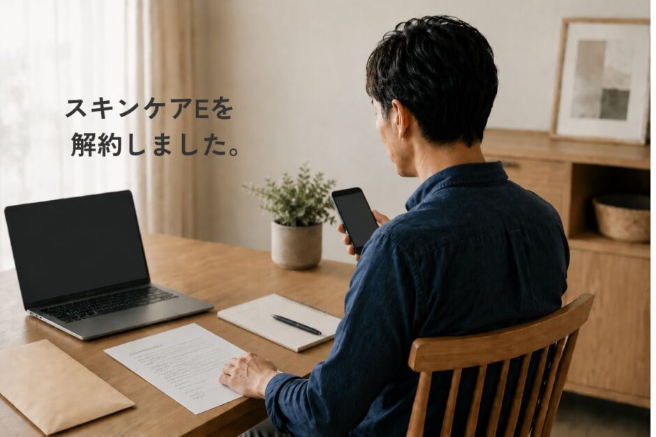 ゴリラクリニックのスキンケアE解約を判断し、スマホで手続きを進める40代男性のイメージ