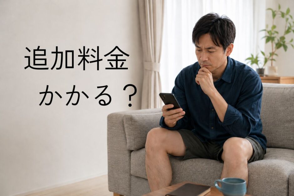 医療脱毛後、照射漏れの可能性と追加料金がかかるかをスマートフォンで確認する40代男性のイメージ