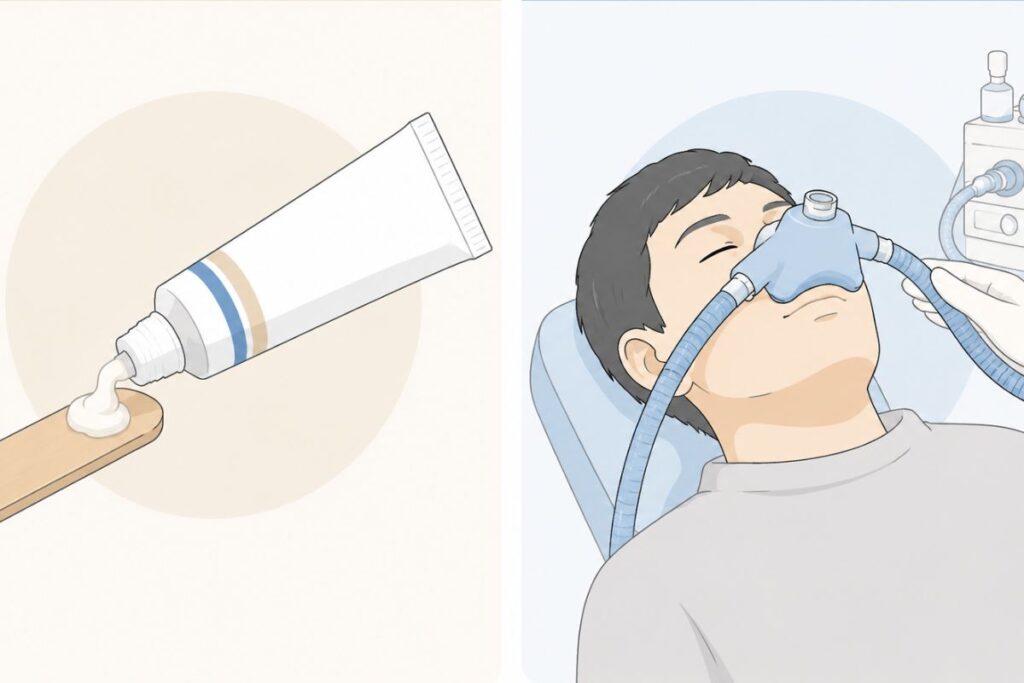 医療脱毛で使う「麻酔クリーム」と「笑気麻酔」の2種類のイラスト。
