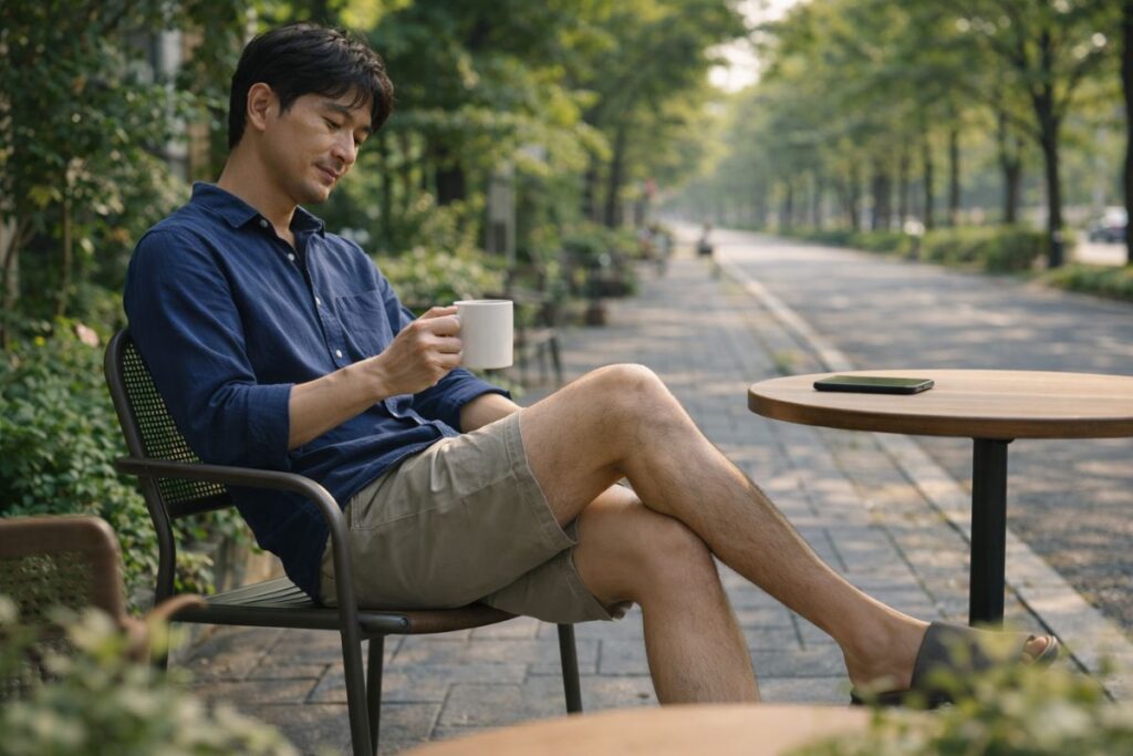 全身脱毛をして、短パンで過ごす男性