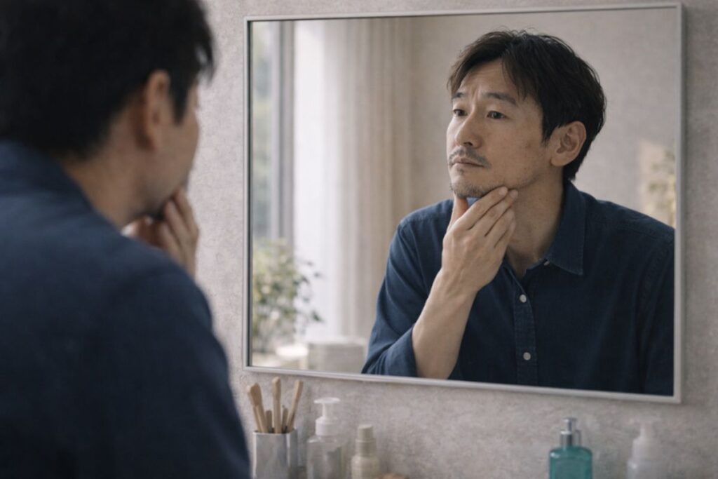 鏡の前で髭の状態を確認する40代男性