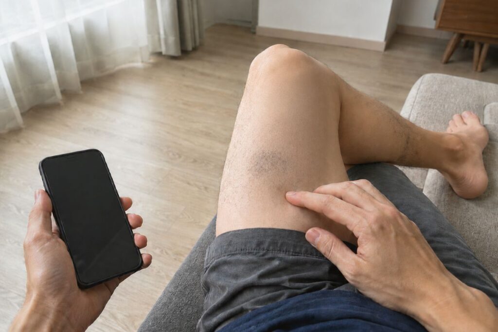 医療脱毛の経過を、脚を見ながら確認している40代男性
