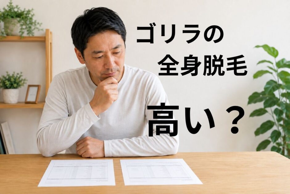 机の上に2枚の見積書を広げ、全身脱毛の料金を比較している40代男性