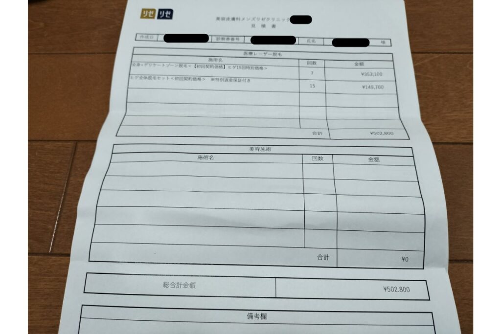 メンズリゼの全身デリケートゾーン脱毛7回351300円の見積もり