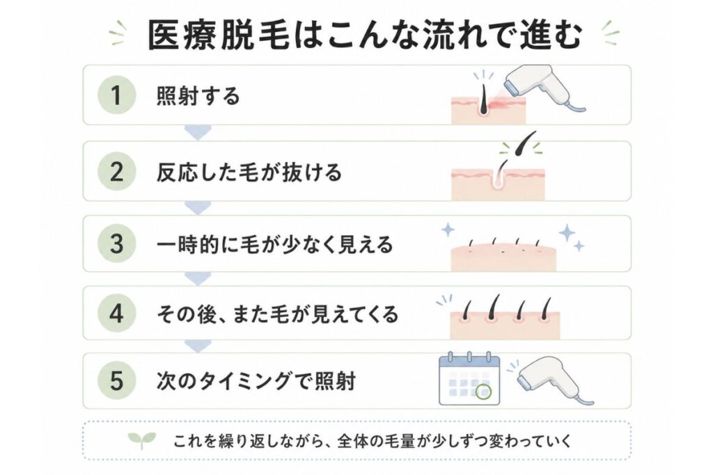 医療脱毛の流れを示した図解。照射する、反応した毛が抜ける、一時的に毛が少なく見える、その後また毛が見えてくる、次のタイミングで照射する、という5段階を示している。