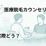 40代男性が医療脱毛クリニックでカウンセリングを受けているイメージイラスト。「医療脱毛カウンセリング 実際どう？」の文字入り