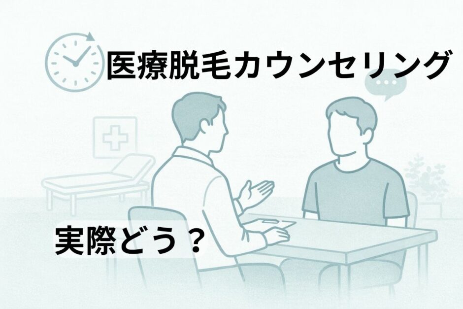 40代男性が医療脱毛クリニックでカウンセリングを受けているイメージイラスト。「医療脱毛カウンセリング 実際どう？」の文字入り